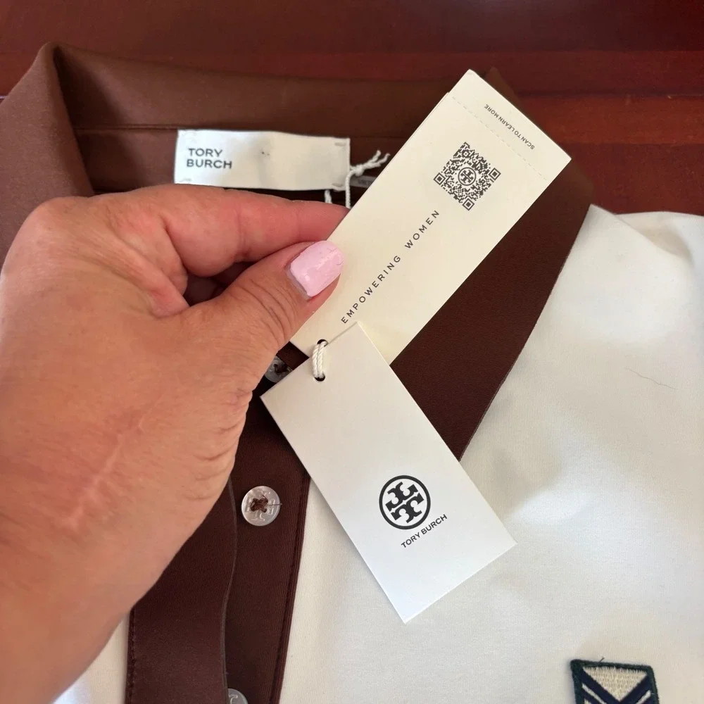 Tory Burch Neoprene Polo Golf Dress Snow White and Mocha Chip 161375 Size L NWT